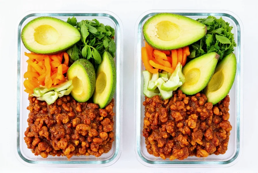 Meal prep containers filled with protein chili alongside fresh vegetables and avocado