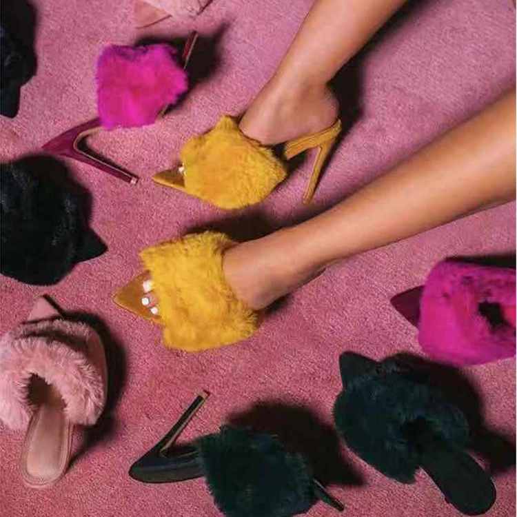 

Pink Yellow Black Sandalias De Mujer Slip on Sandals Mules Trendy Faux Fur High Heels Slide for Women Slippers, All color available