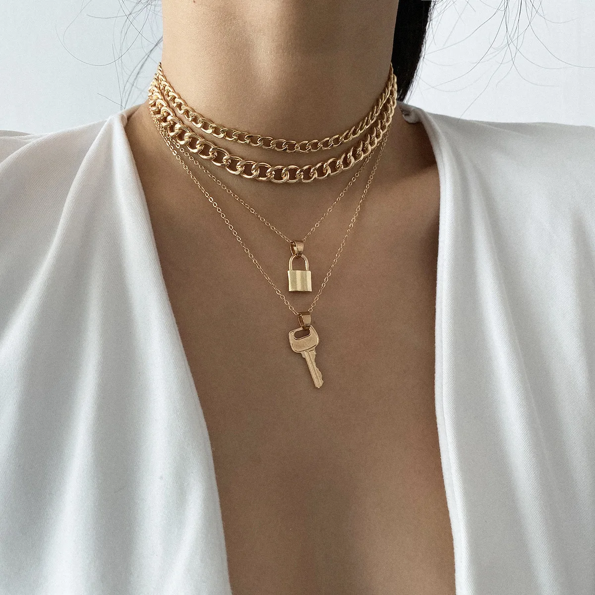 

New Design Gold Plated Multilayer Chunky Chain Lock Necklace Four Layers Lock Key Pendant Necklace For Women