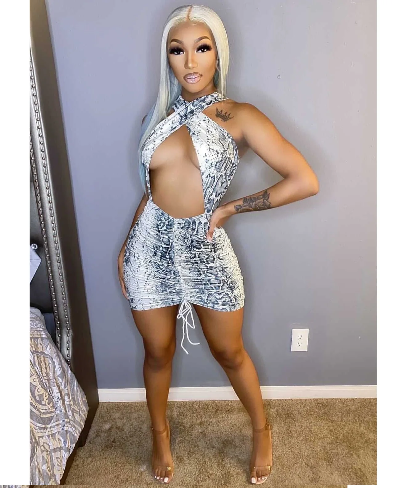 

Free Shipping R03084 - women new fashion bodycon sleeveless snakeskin printed drawstring backless mini dresses