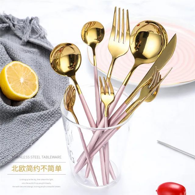 

Stainless Steel Steak Cutlery Set Western Tableware Four-piece Set Green Gold Square Chopsticks kitchen accessories, As show