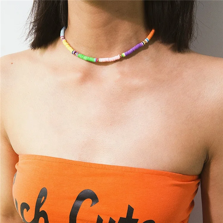 

Fashion bohemian style handmade woven geometric colorful round bead soft pottery choker necklace for women