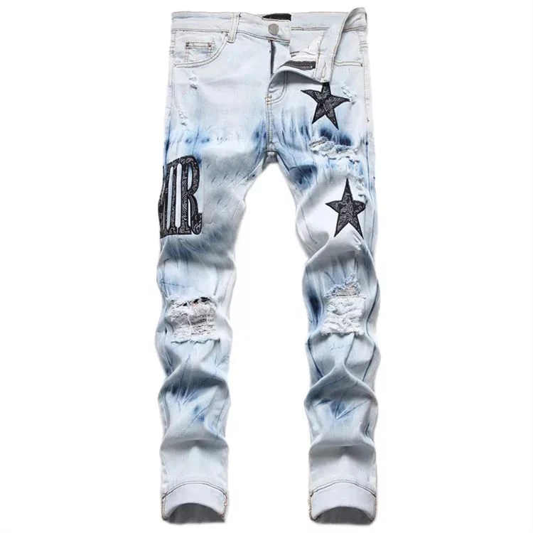 

Wholesale streetstyle embroidery five pointed star plus size slim ripped stacked stylish jeans for men