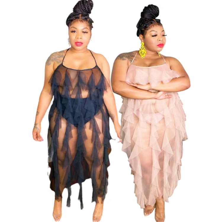 

MOEN Hot Selling Solid Mesh Fabric See Through Plus Size Women Dress Suspender Ruffles Spliced Long Maxi Clothing Fat Dresses