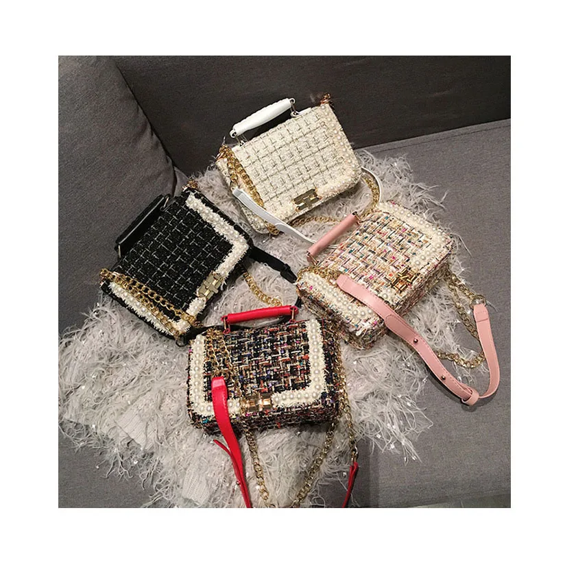 

2020 Fashion Woolen Small Square Handbags Winter Chain Trendy Design Shoulder Bag Luxury Pearl Twist-lock Crossbody Bags Purses