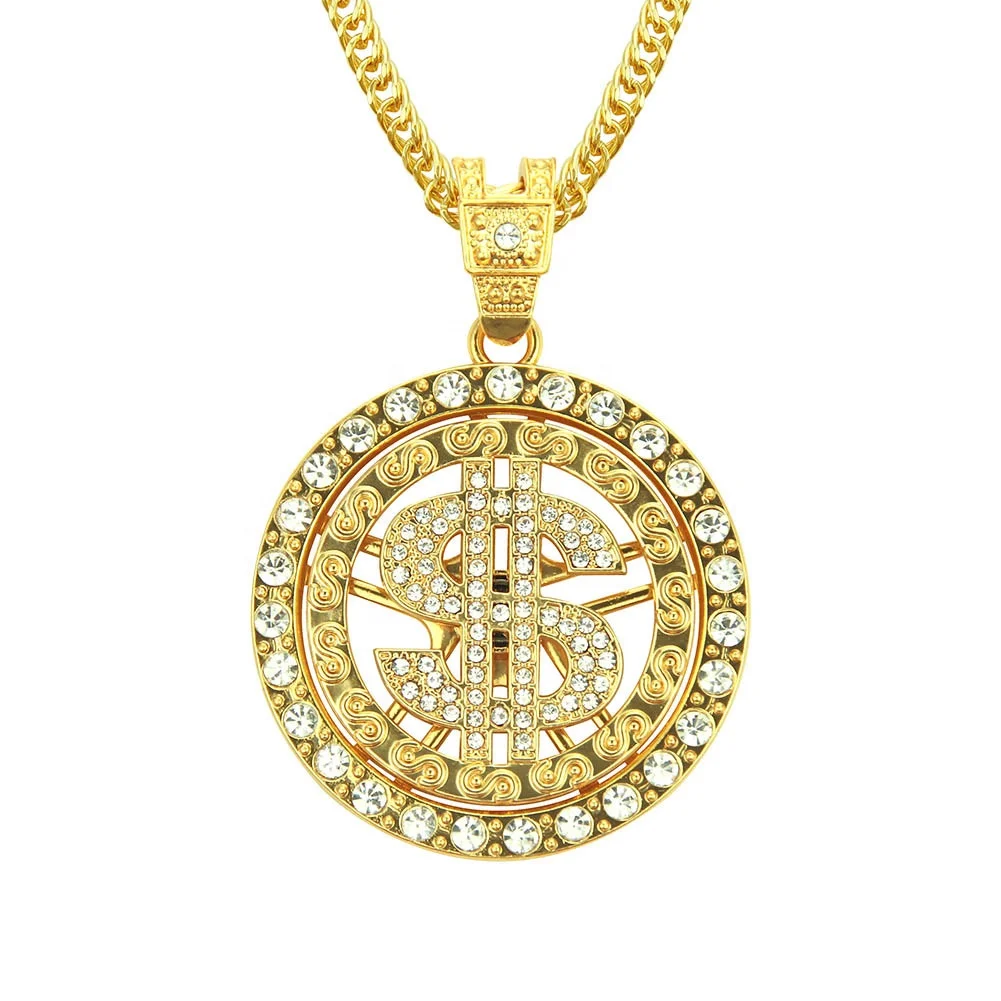 

Amazon Hot Selling Europe And America Hip Hop Necklace With Diamond Rotate Luxury Dollar Sign Pendant Necklace