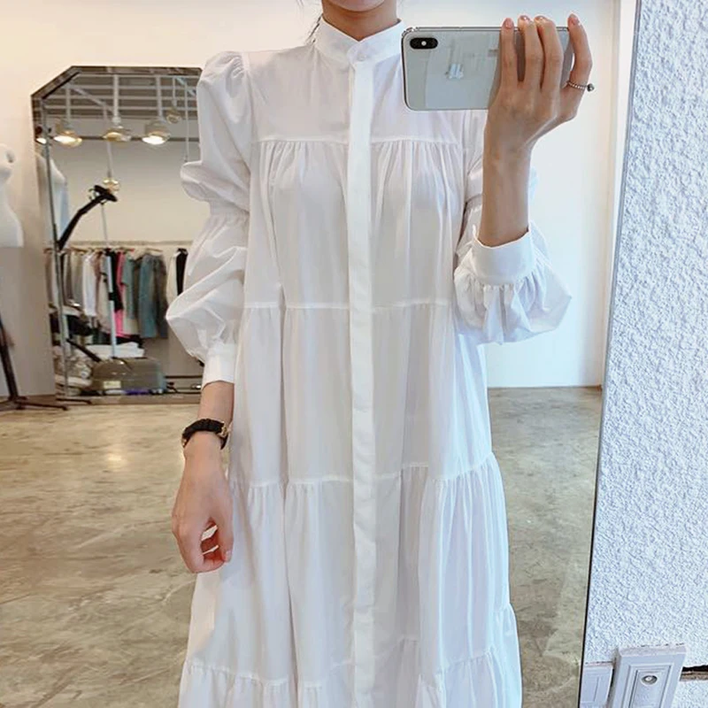 

Chic New Fashion Stand Collar Puff Long Sleeve White Shirt Dress Women's Spring Single-Breasted Loose Midi Dress