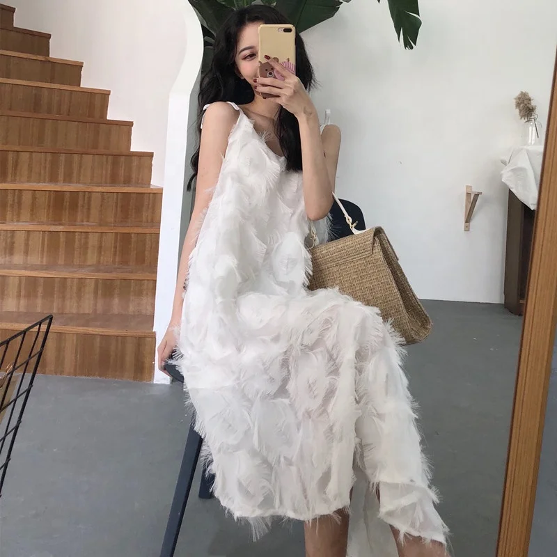 

B61649A 2019 New Fashion Stylish Women Lace Long White Feather Dress