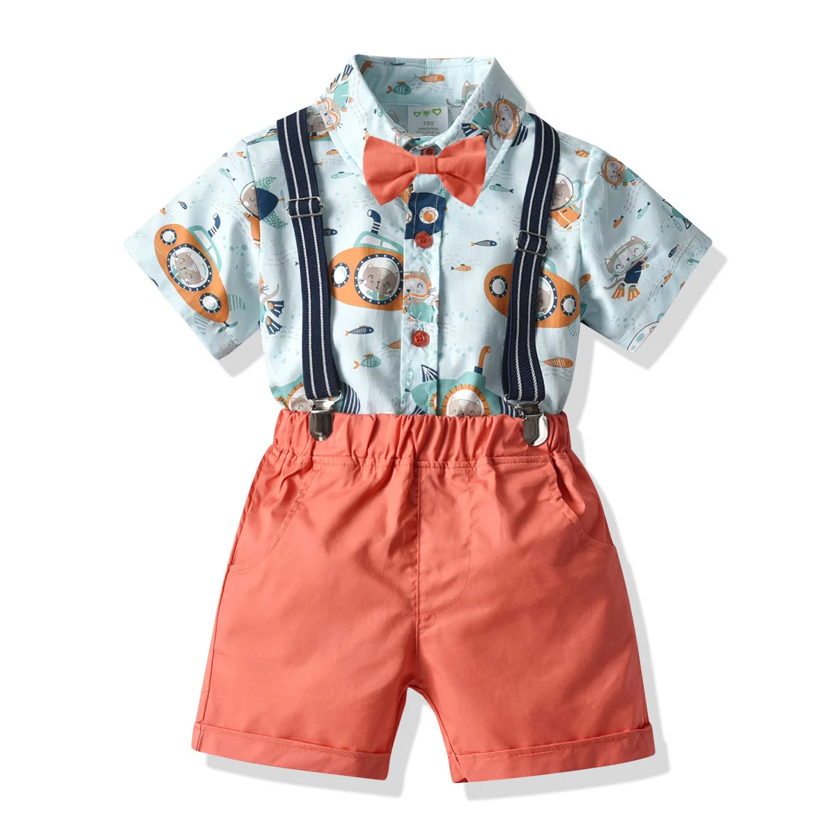 

summer Toddler Kids Baby Boy Gentleman Clothes set space print Shirt Tops suspender Shorts Pants Formal Outfits set, As image shown