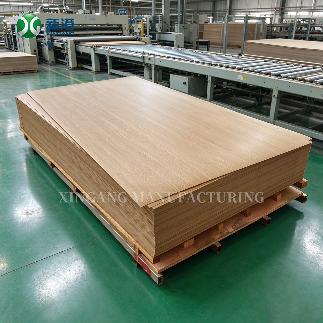 product-1-1 Pallet of oak-faced HPL panels on a factory floor beside a roller conveyor line
