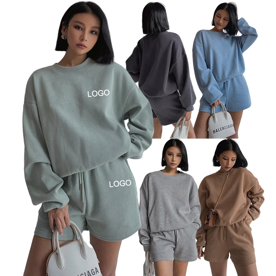 

2021 autumn custom logo women long sleeve crew neck sweatshirt and shorts two piece jogger set jogging tracksuit for women