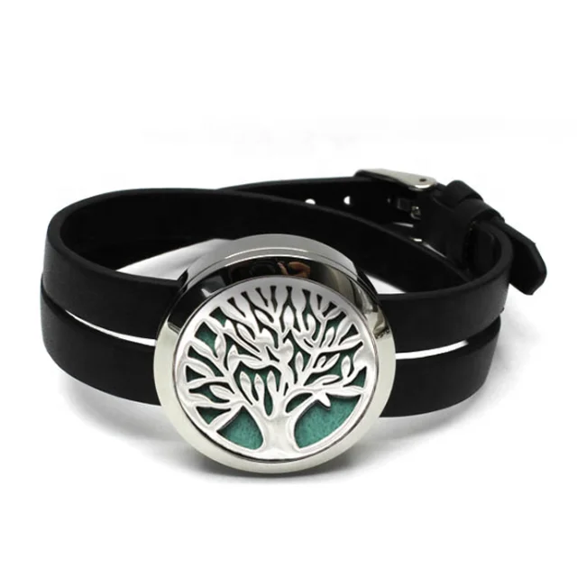 

Aromatherapy Essential Oil Diffuser Leather Locket Bracelet, Stainless Steel Tree Of Life Bracelet, Silver