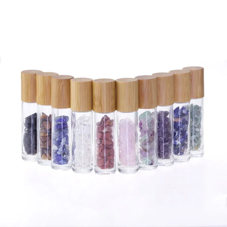 

Cosmetic packaging 10ml clear gemstones essential oil glass roller bottle with bamboo lid