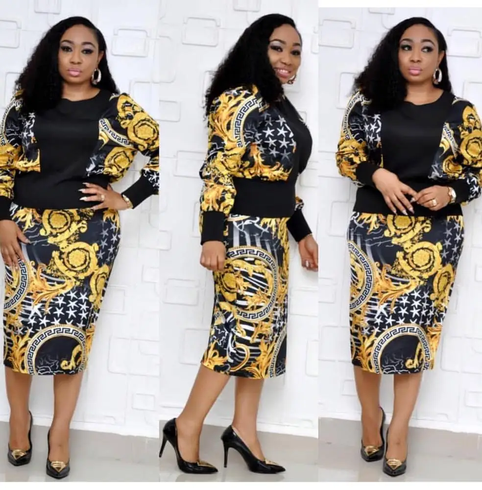 

A6626 Europe style women clothing polyester long sleeve two pieces sets gold print dress, Black
