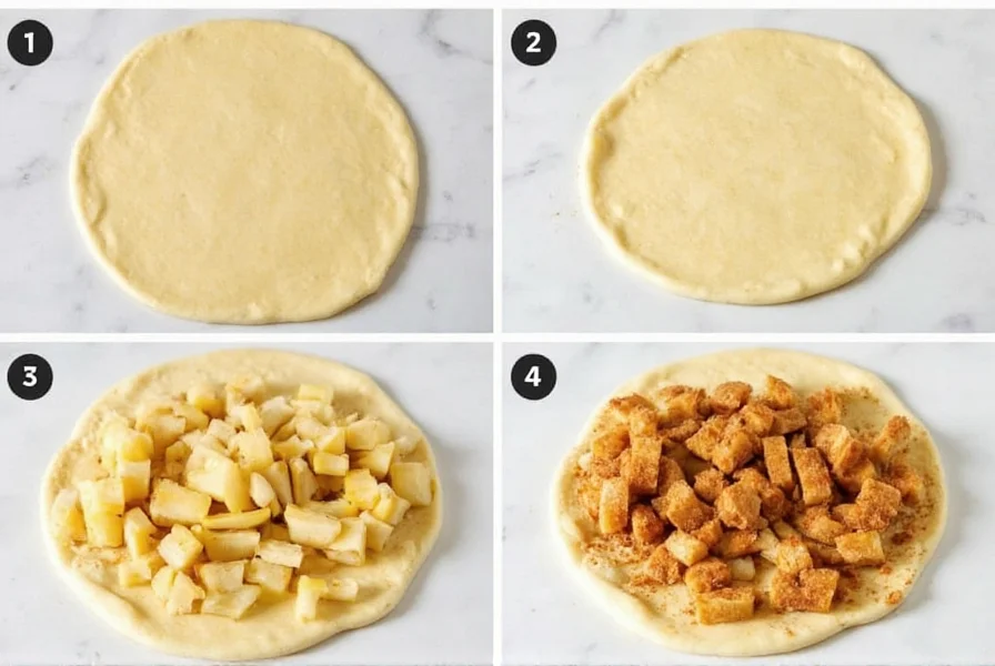 Step-by-step preparation of cinnamon roll with apples showing dough rolling, apple slicing, and cinnamon sugar application