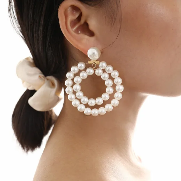 

Retro wild beaded double circle earrings simple baroque pearl round earrings women, Gold,