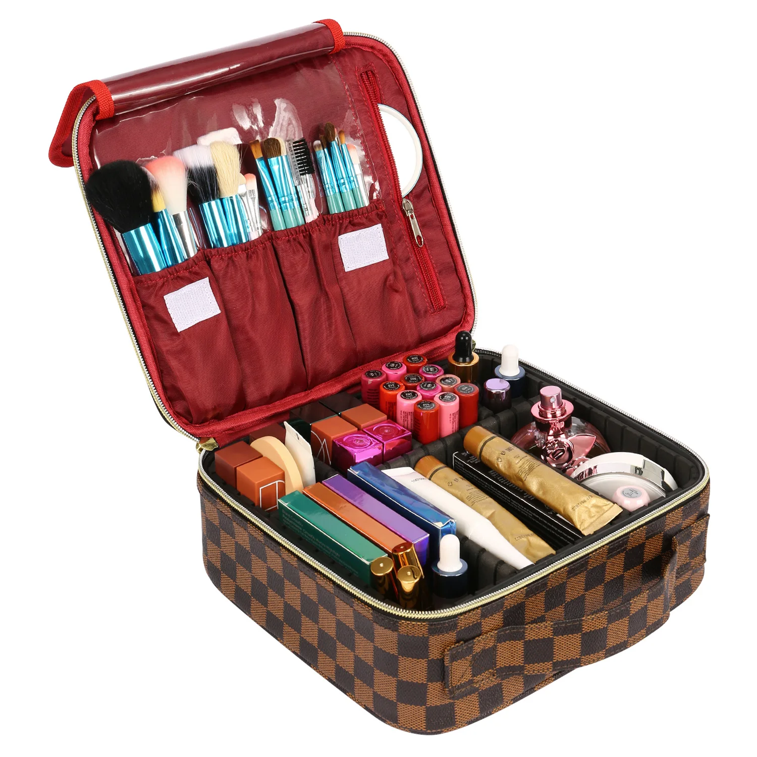 

Travel Hard Handle Makeup Box Makeup Case Clutch Trousse De Maquillage Portable Maleta Com Maquiagem Checkered Makeup Cases, As show