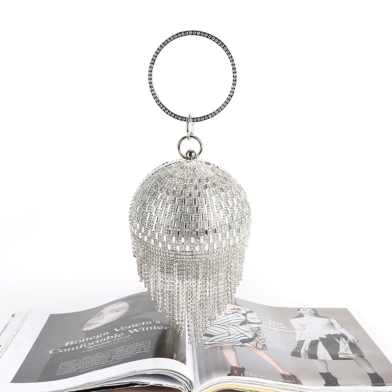 

Factory direct wholesale classic crystal PU fabric fashion ball shaped clutches tassel evening bag for party banquet wedding, Gold,silver,black/customized colors