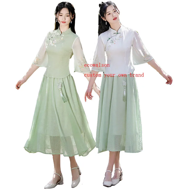 

ecowalson chinese style traditional cheongsam suit classic modified Tang suit two-piece set women oriental vintage hanfu dress
