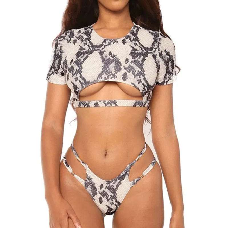 

2020 Snake Printing African Swimwear Thong Bikini Set Short Sleeve Women Swimsuit, As the picture