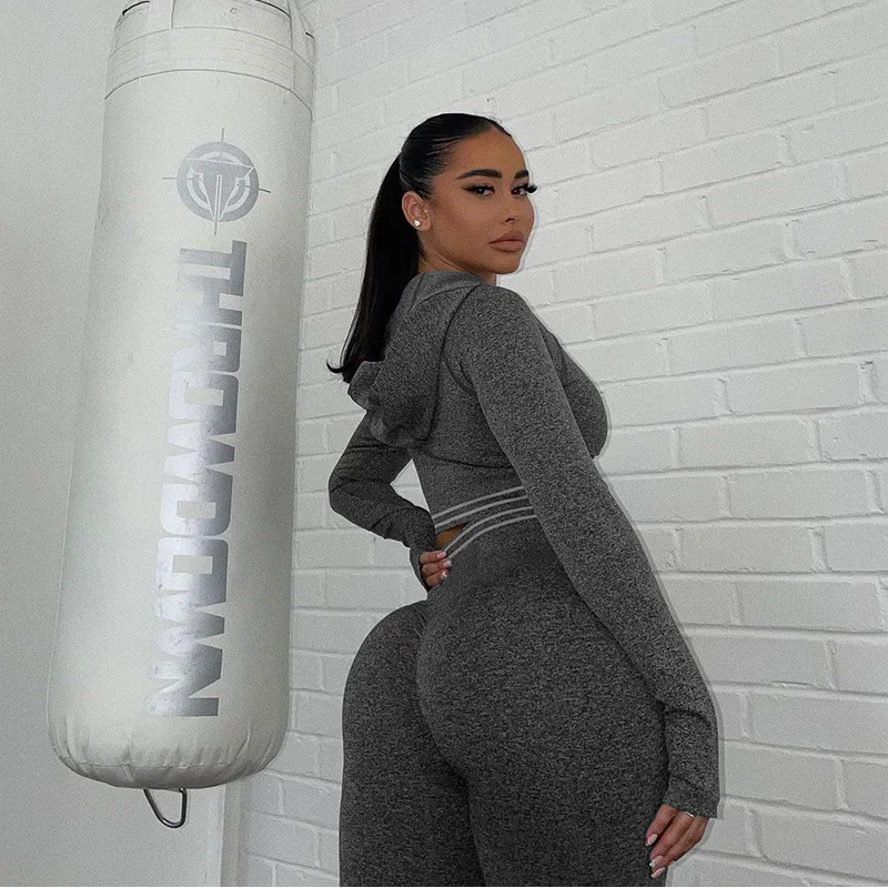 

Newest Solid Hoodies Long Sleeve Seamless High Waisted Leggings Shaping Gym Clothing For Women Two Piece Yoga Set, As pictures