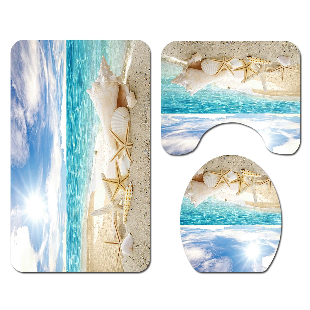 Ocean printed Toilet Pad Cover Bath Mat Shower Curtain Set for Bathroom Decoration Home Textile
