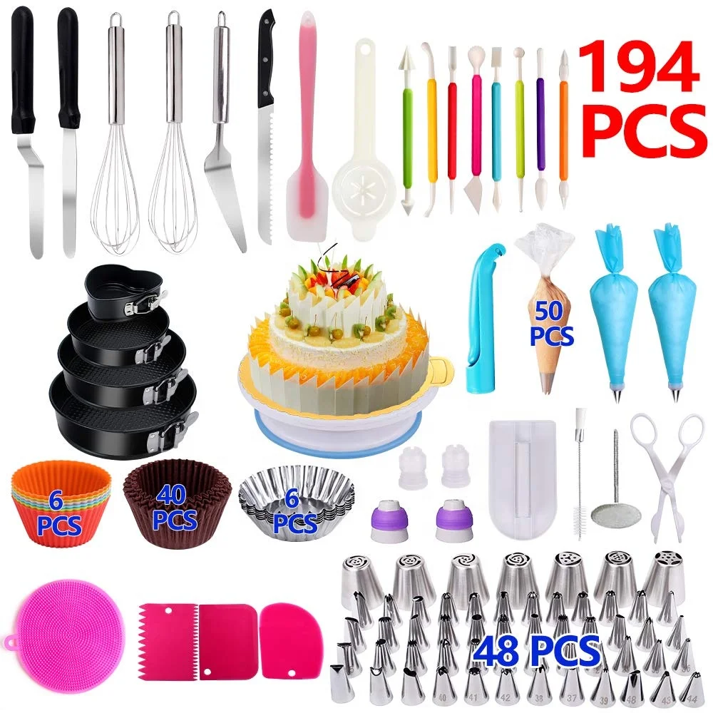 

194 PCS Complete Baking Set with Cake turntable set Decorating Supplies Kit Baking Pastry Tools Baking Accessories, White