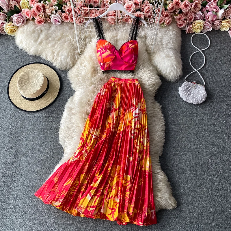 

2021 Summer Seaside Holiday Bohemian Women Style High Waist Two Piece Set Ladies Long Elegant Casual Dresses