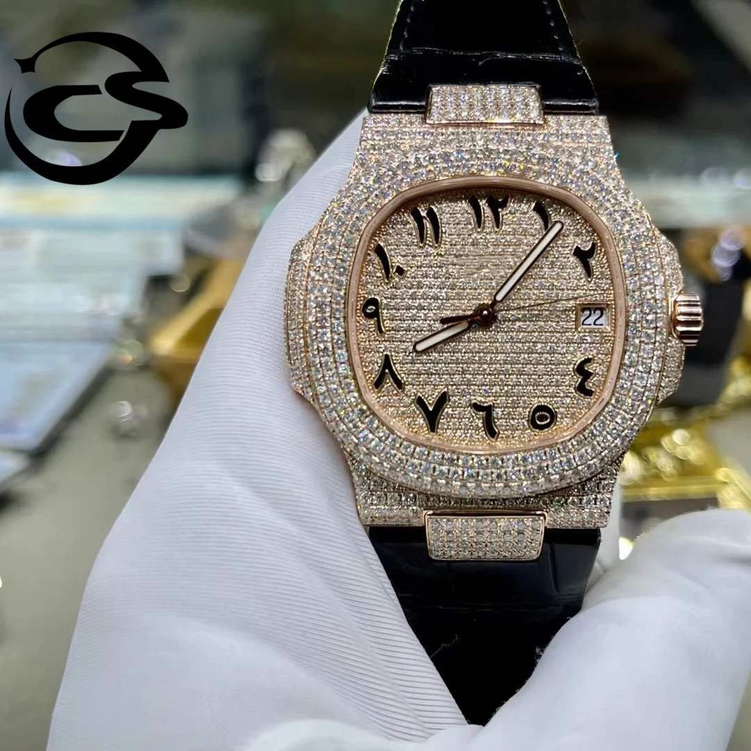 

OEM top Luxury Private Customized Out Lab Diamonds Watch Men Women Iced Ice cube Arabian Skeleton VVS Moissanite Diamond Watch