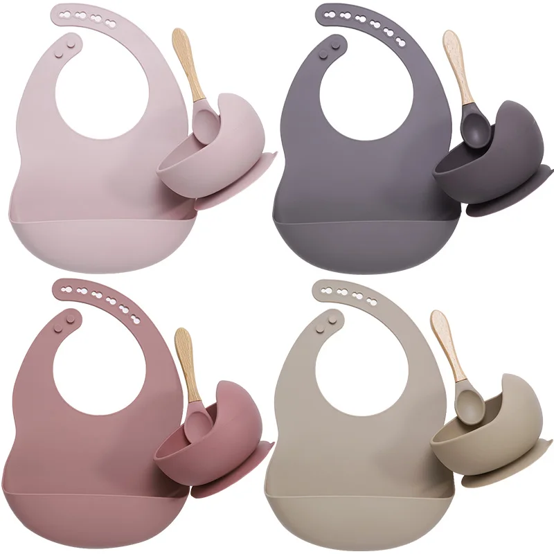 

New Products Food Grade Silicone Spoon With Wooden Handle And Baby Suction Bowl Silicone Bibs Baby Feeding Set