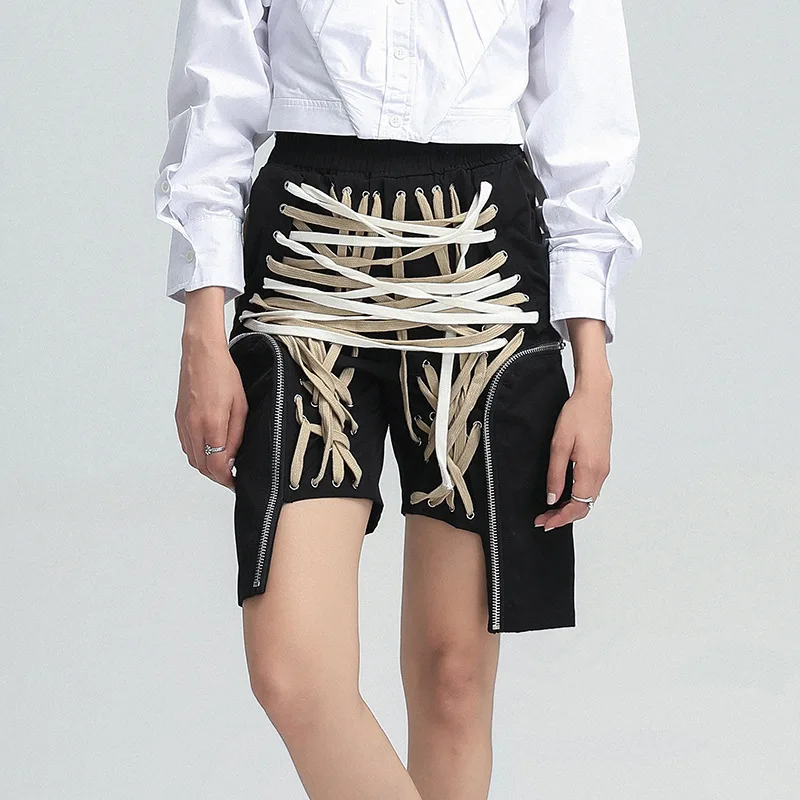 

Women Black Loose Zip Streetwear Shorts Three-Dimensional Drawstring Straps Casual Zipper Women's Loose Overalls Shorts