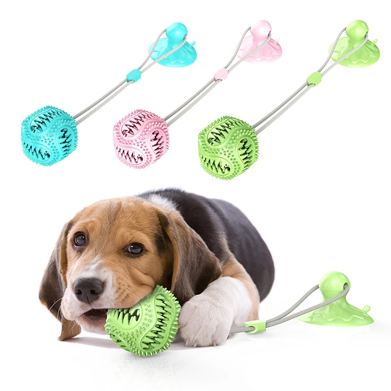 

2020 new eco friendly funny interactive teeth cleaning TPR dog feeder toy with suction cup, Pink/blue/green