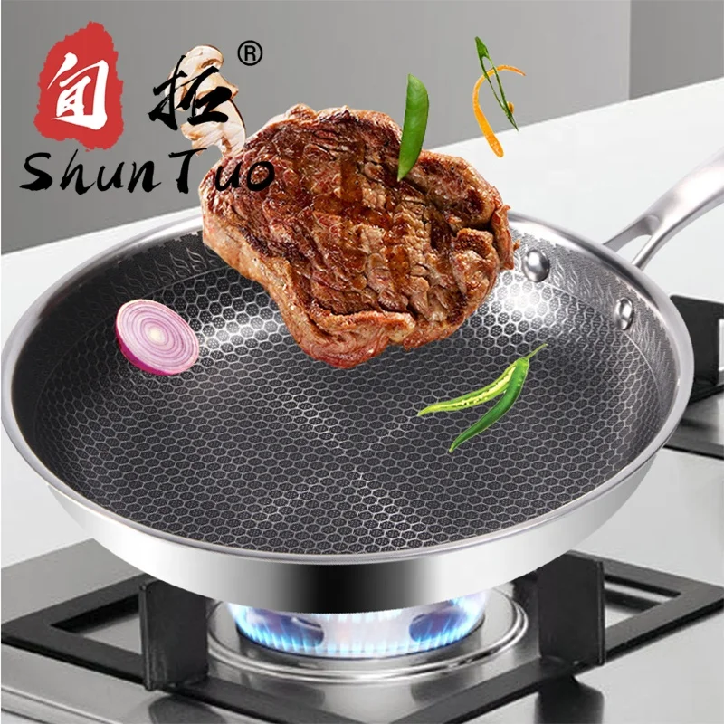 

cookware heavy duty kitchen tri ply egg non sticky honeycomb 304 stainless steel non-stick frying pan non stick fry pan