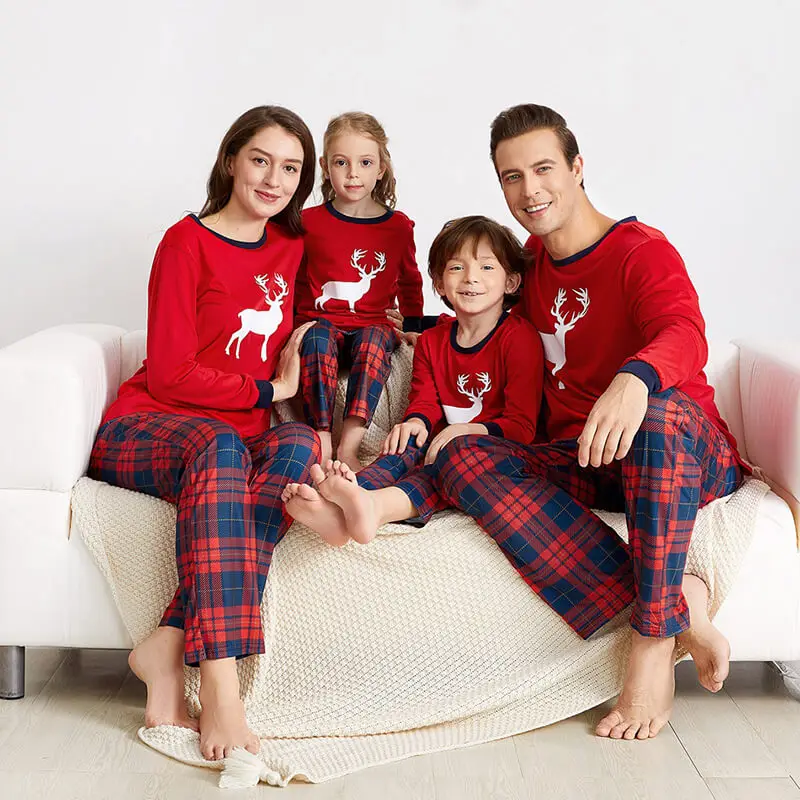 

Wholesale Red Reindeer Top And Plaid Pant Sleepwear Pjs Matching Women Men Kid Boy Girl Baby Pajama Set Family Christmas Pyjamas, Customized color