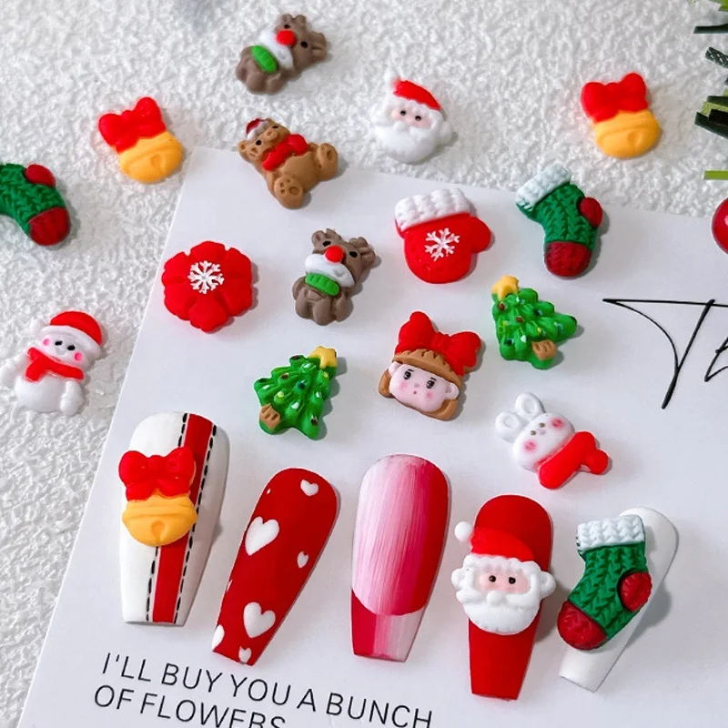 

10Pcs New Christmas Nail 3D Accessories Resin Three-dimensional Cartoon Elk Snowman Nail Diamond