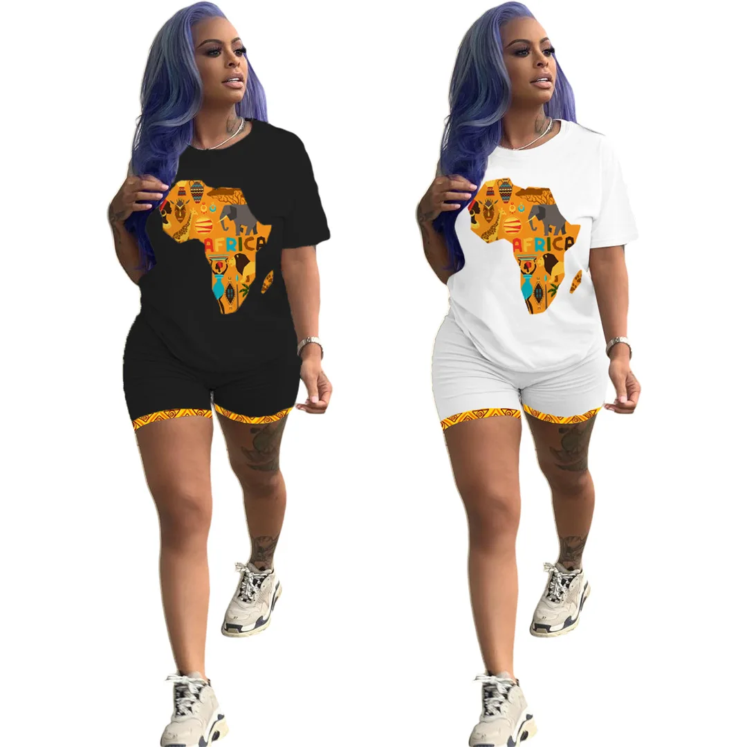 

O-neck Tshirts And Shorts Women Two Piece Set Africa Map Print Casual Sports Suit Women Summer Tracksuits, Black , white