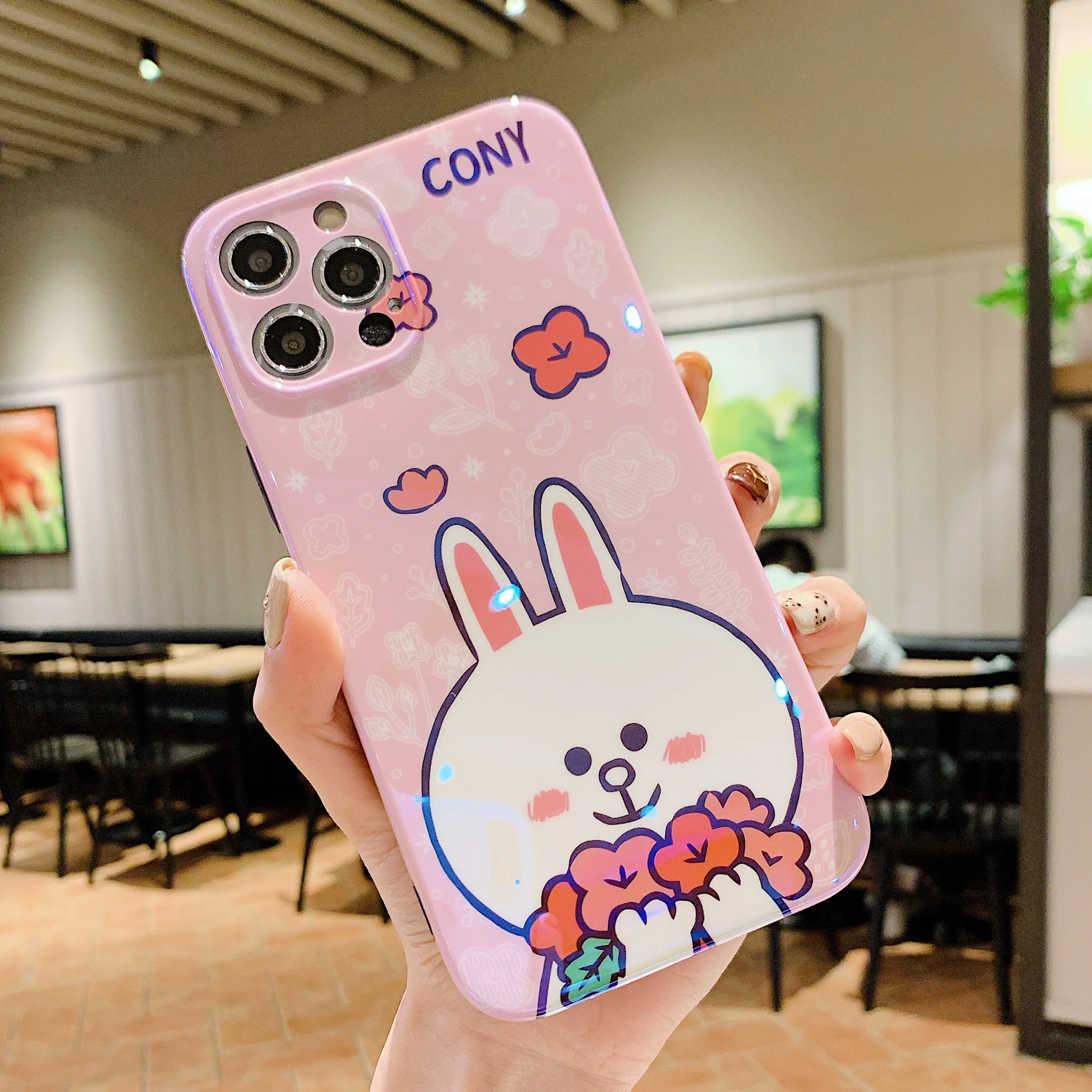 

New Anime Rabbit With Flower Blue Light IMD Phone Cases For iPhone 12 Pro Max 8Plus XR XS Max SE2020 Back Cover Cartoon IMD Case