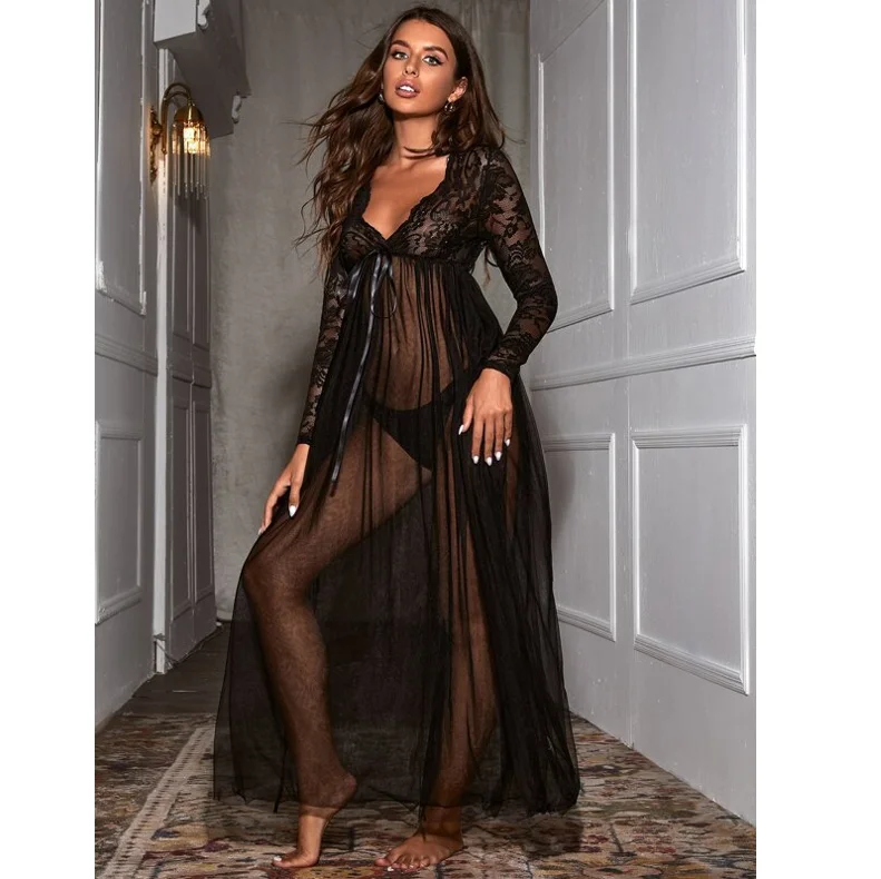 

sfy8174 women mature sexy lingerie dress see through mesh lace long nightdress for party
