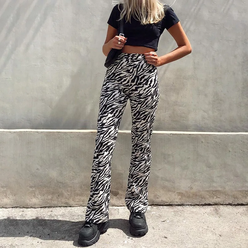 

R10388S Women's autumn hot sale new print high waist wide leg casual pants, Black