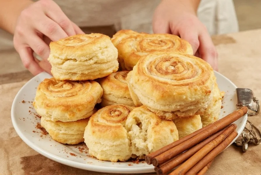 Step-by-step visual guide showing how to flatten canned biscuits, apply cinnamon sugar mixture, and roll into perfect cinnamon buns with golden brown finish