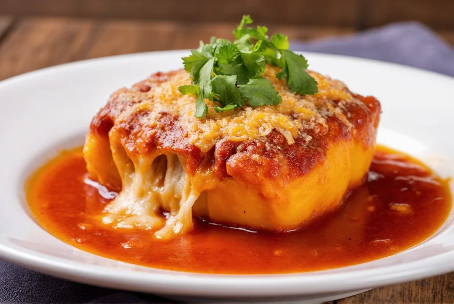 Traditional Mexican chili relleno on white plate with tomato sauce, melted cheese visible from split pepper, garnished with fresh cilantro