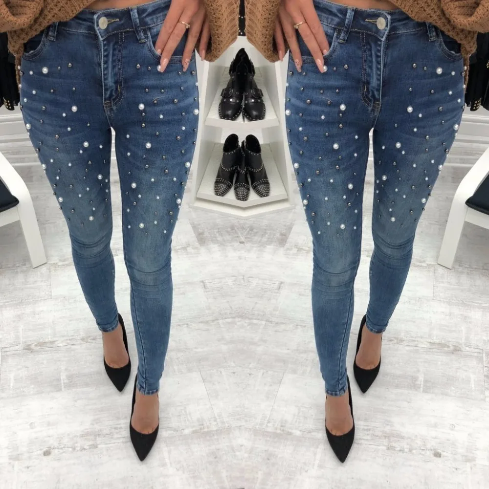 

Women's Jeans Pants Skinny Pearl Beaded Black Blue Slim Denim Jeans Women Summer Spring Ladies Casual Mom Jean B1088