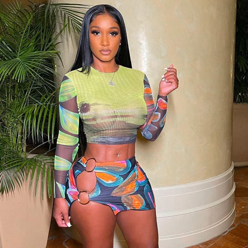 

H7021 - women sexy bandage printing long sleeve skirt and crop top two piece set