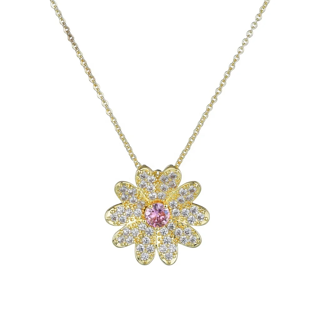 

High Quality Brass Jewelry Pink Diamond Plated 18K Gold Women Flower Necklace, White, gold
