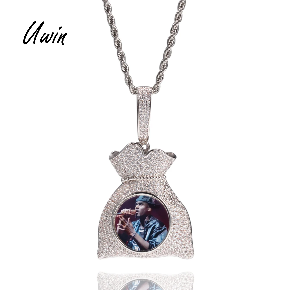 

2021 Iced Out Money Bag Pendant Custom Photo Memory Charms Picture Necklace Rapper Jewelries