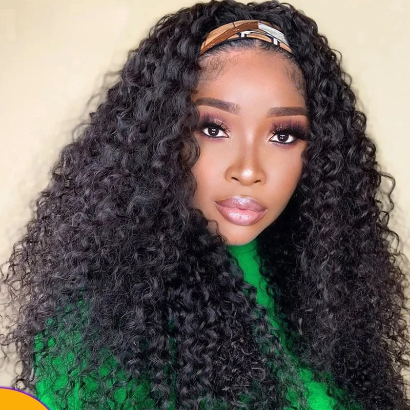 

Wholesale Headband Brazilian Hair Half Curly Wig 150 Density Natural Black Curly Machine Made Headband Wig For Black Women