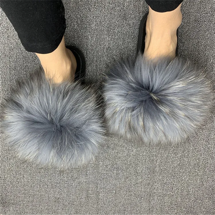 

2021 Fashion Luxury Fox Fur Slippers Women's Fur Slippers With Big Fur Blocks Wholesale Ladies Fancy Slippers, Black white green khaki navy colorful blue purple lilac or customized
