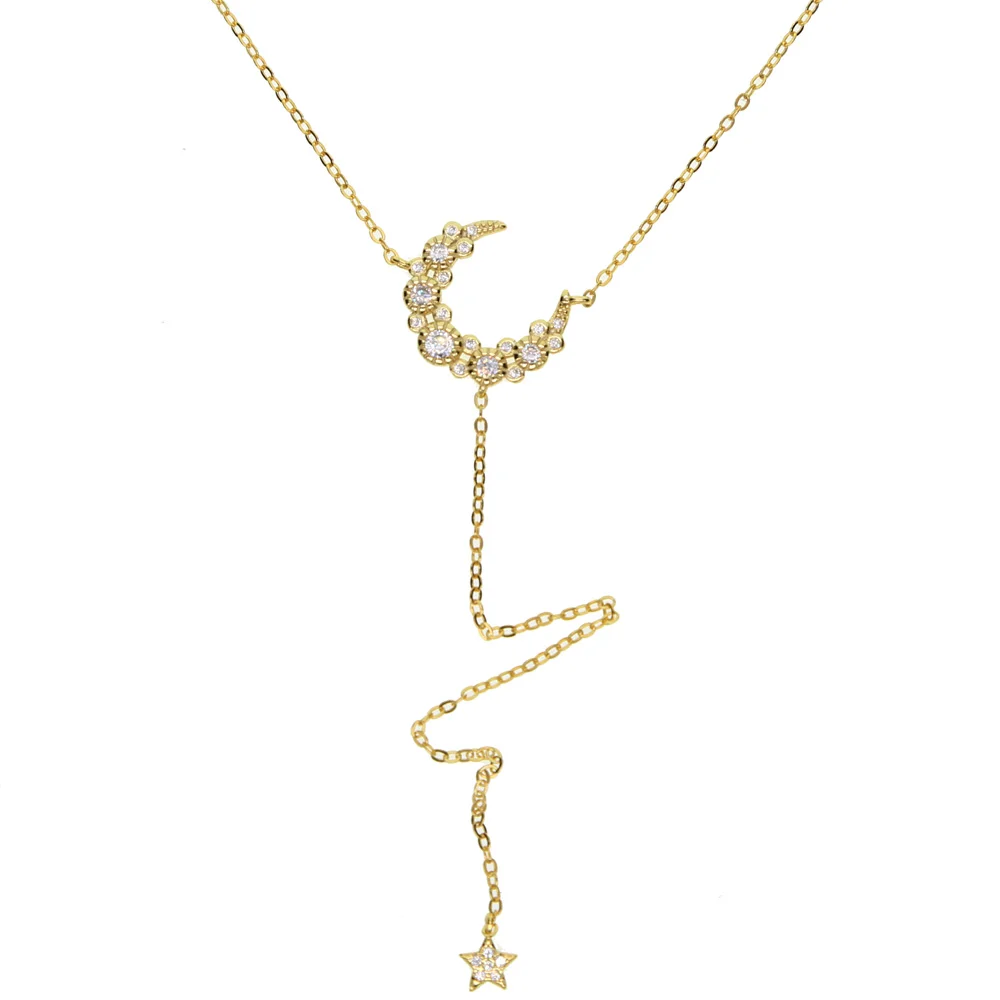 

2021 fashion 925 sterling silver moon with star charm paved Y shape long chain necklace for wedding jewelry, Black