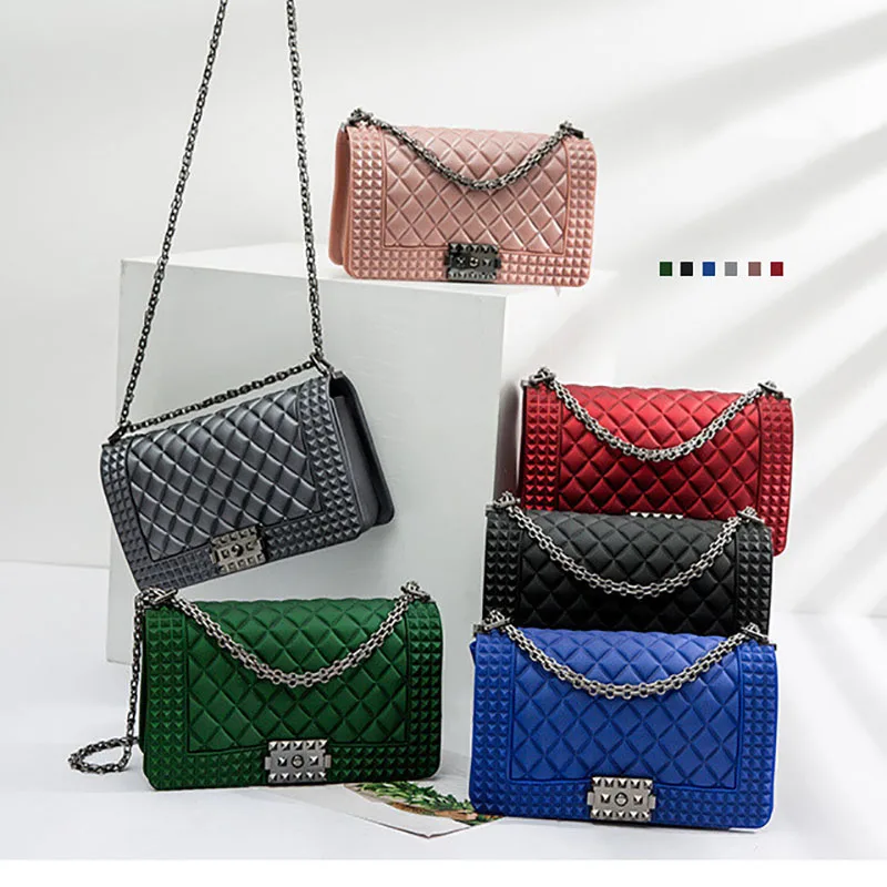 

2022 Designer Solid Color Matte Pvc Chain Small Purses And Handbags Girls Jelly Purses New Arrivals Silicone Hand Bag, Black,pink,red,green