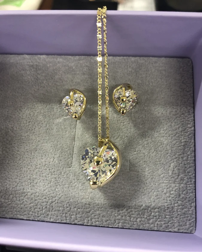 

63947 xuping cubic zirconia women fashion jewelry 14k gold CZ heart shaped stone jewelry sets+light weight gold necklace set